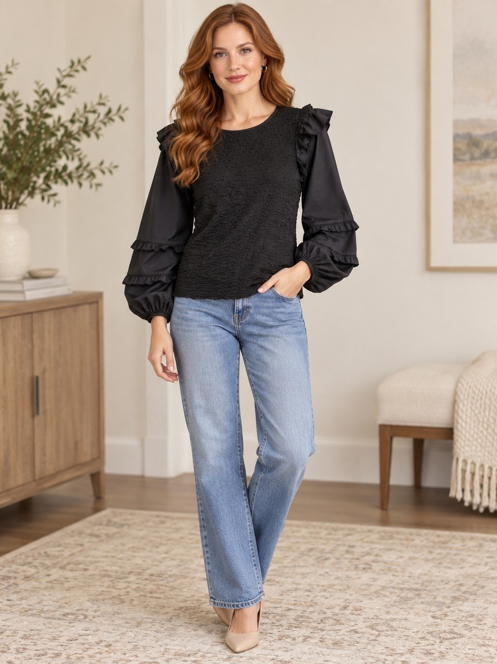 OTT Black Textured Ruffle Puff Sleeve Blouse Size Small NWOT